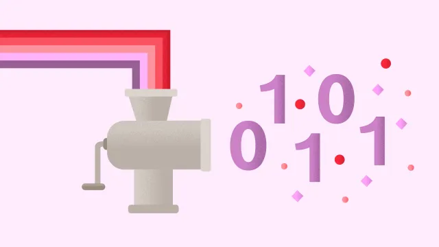 KI und Diversität: Eine Maschine, in die ein Regenbogen aus unterschiedlichen Farben eingespeist wird und einen Code mit Nullen und Einsen ausspuckt