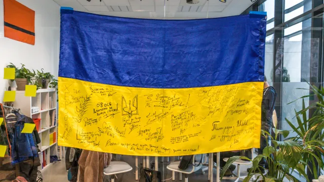 Ukrainian flag in the office of the Polish organization Nomada