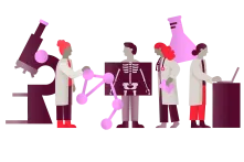 Illustration mit vier Personen, die eine Untersuchung nachstellen