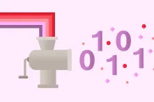 KI und Diversität: Eine Maschine, in die ein Regenbogen aus unterschiedlichen Farben eingespeist wird und einen Code mit Nullen und Einsen ausspuckt
