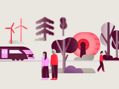 People are standing in a forest, with wind turbines and a train visible in the background.