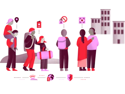 A group of people in the travel and migration process, with symbols for location, documents, restrictions, and security.