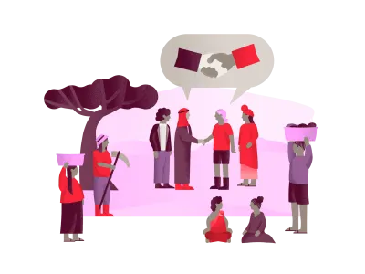 Illustration mit Menschen, die symbolhaft Frieden schließen