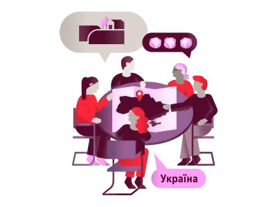 Fünf Personen sitzen an einem runden Tisch. In der Mitte liegt eine Landkarte der Ukraine. In einer Sprechblase steht in ukrainischer Sprache "Ukraine".