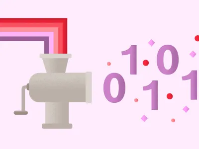 KI und Diversität: Eine Maschine, in die ein Regenbogen aus unterschiedlichen Farben eingespeist wird und einen Code mit Nullen und Einsen ausspuckt