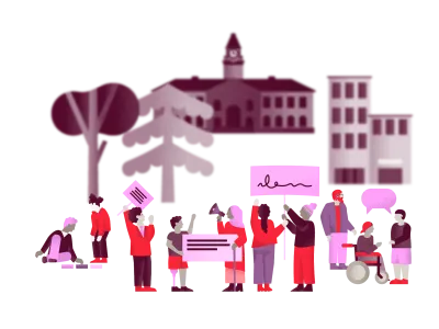Eine Gruppe von Menschen beteiligt sich im öffentlichen Raum an Diskussionen und gemeinschaftlichen Aktivitäten. Einige halten Schilder oder sprechen miteinander. Im Hintergrund sind Bäume sowie öffentliche und städtische Gebäude dargestellt. Die Illustration symbolisiert gesellschaftliche Teilhabe und Bürgerbeteiligung.