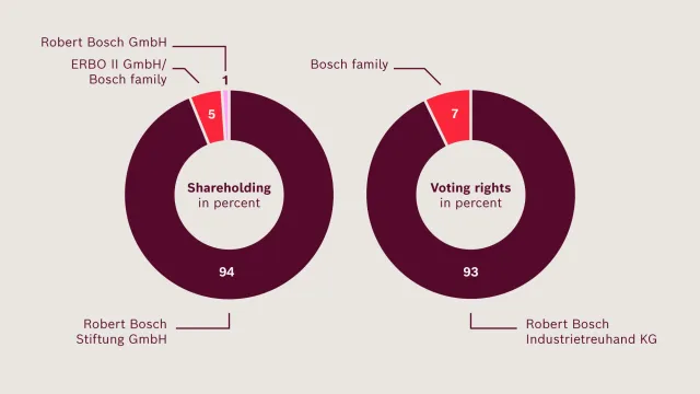 Two pie charts showing the ownership shares and voting rights held by the foundation and the company