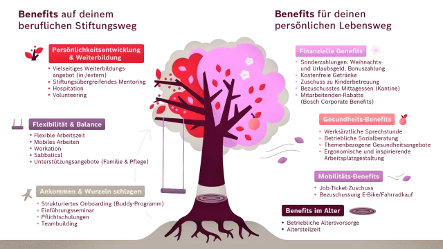 Eine Übersicht der Benefits der Stiftung für die Mitarbeitenden, dargestellt in Form eines Baumes  