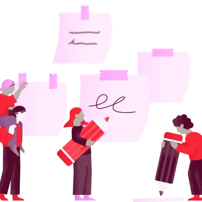 Eine Illustration von Menschen die bei einem Workshop überlebensgroße Post-Its ausfüllen